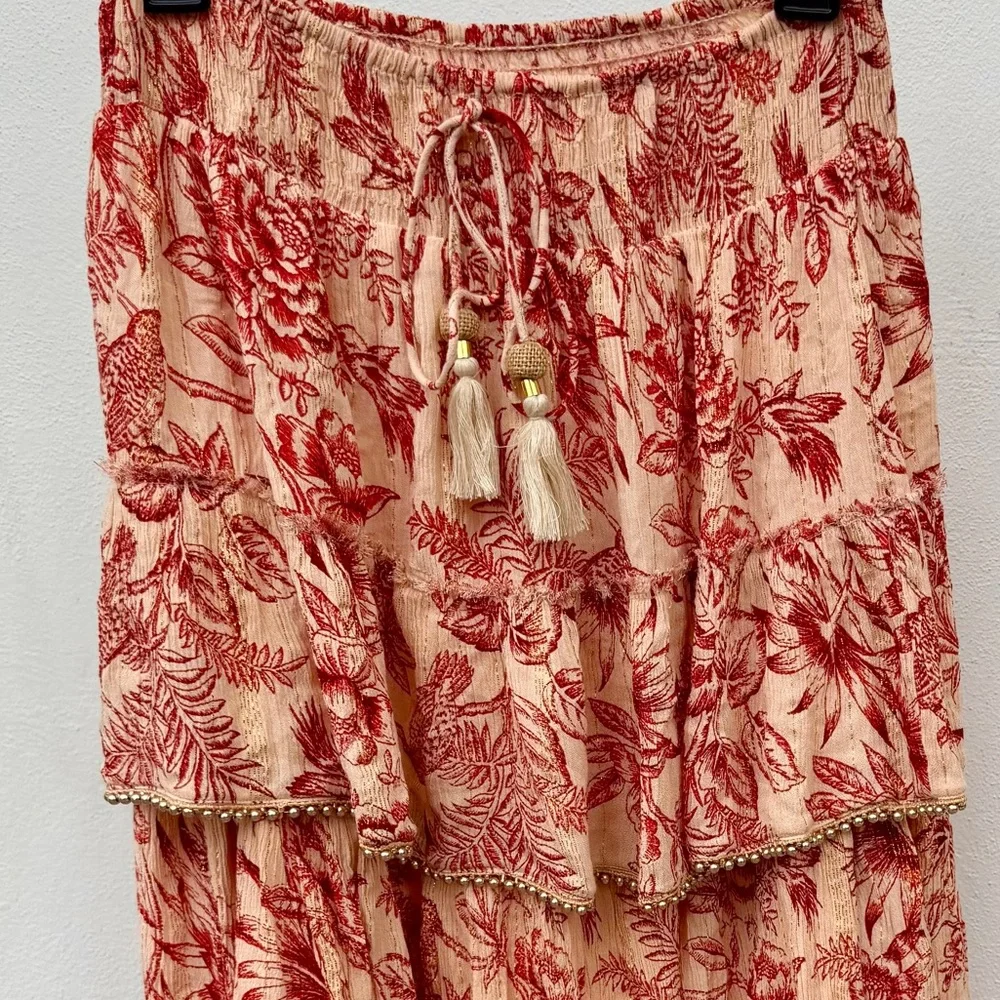 Boho Red & Tan Floral Ruffled Maxi Skirt Size Medium - Picture 2 of 7
